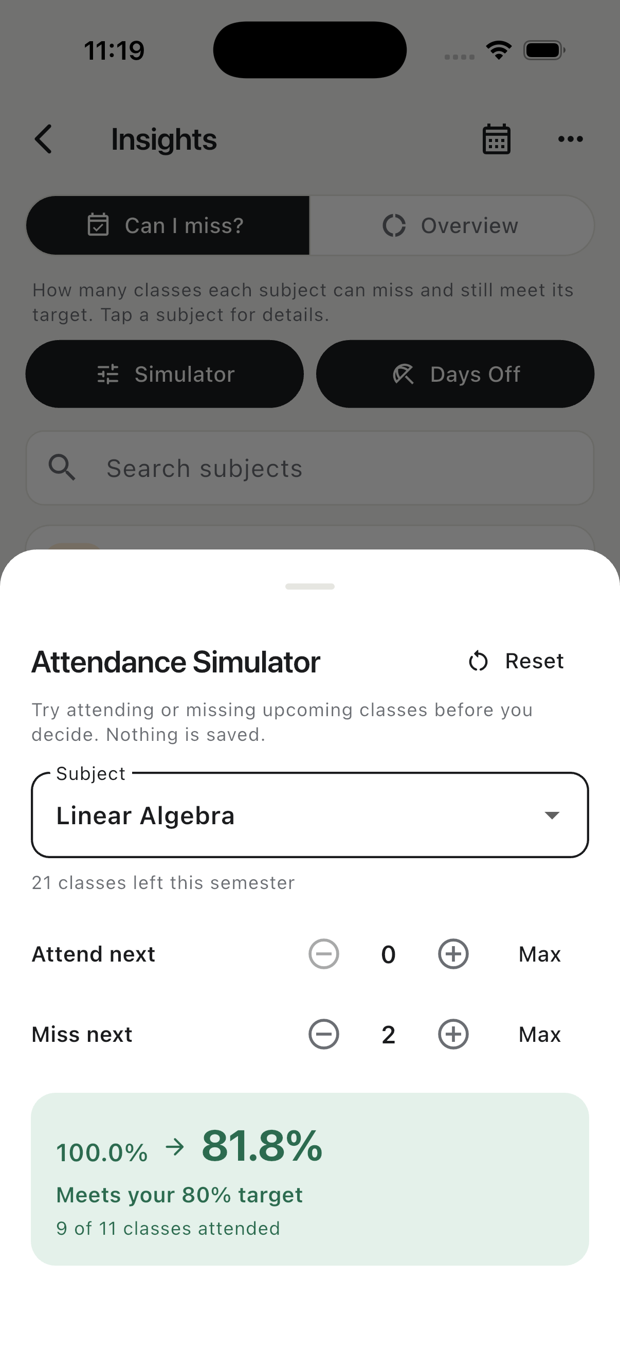 Classly Attendance Simulator projecting attended and missed classes