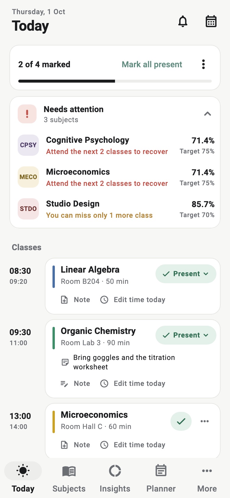 Classly Today screen showing a timeline of classes