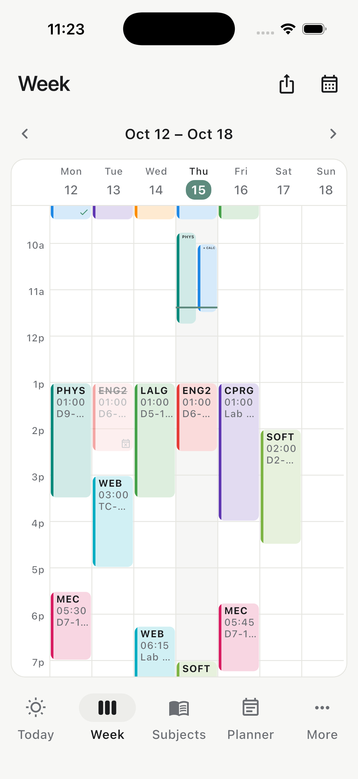 Classly weekly college timetable with subjects and rooms